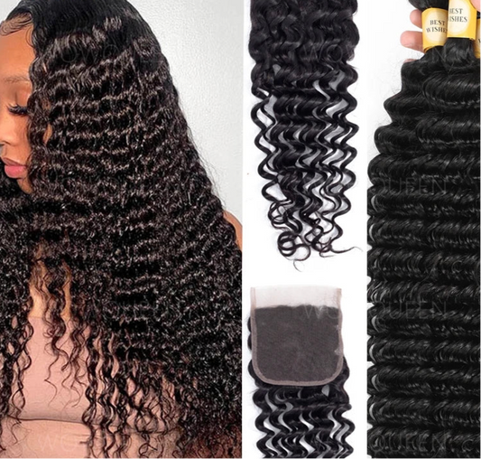 Deep Wave Brazilian Hair Bundle Deal – 24” to 30” Bundles + 22” 4x4 Closure